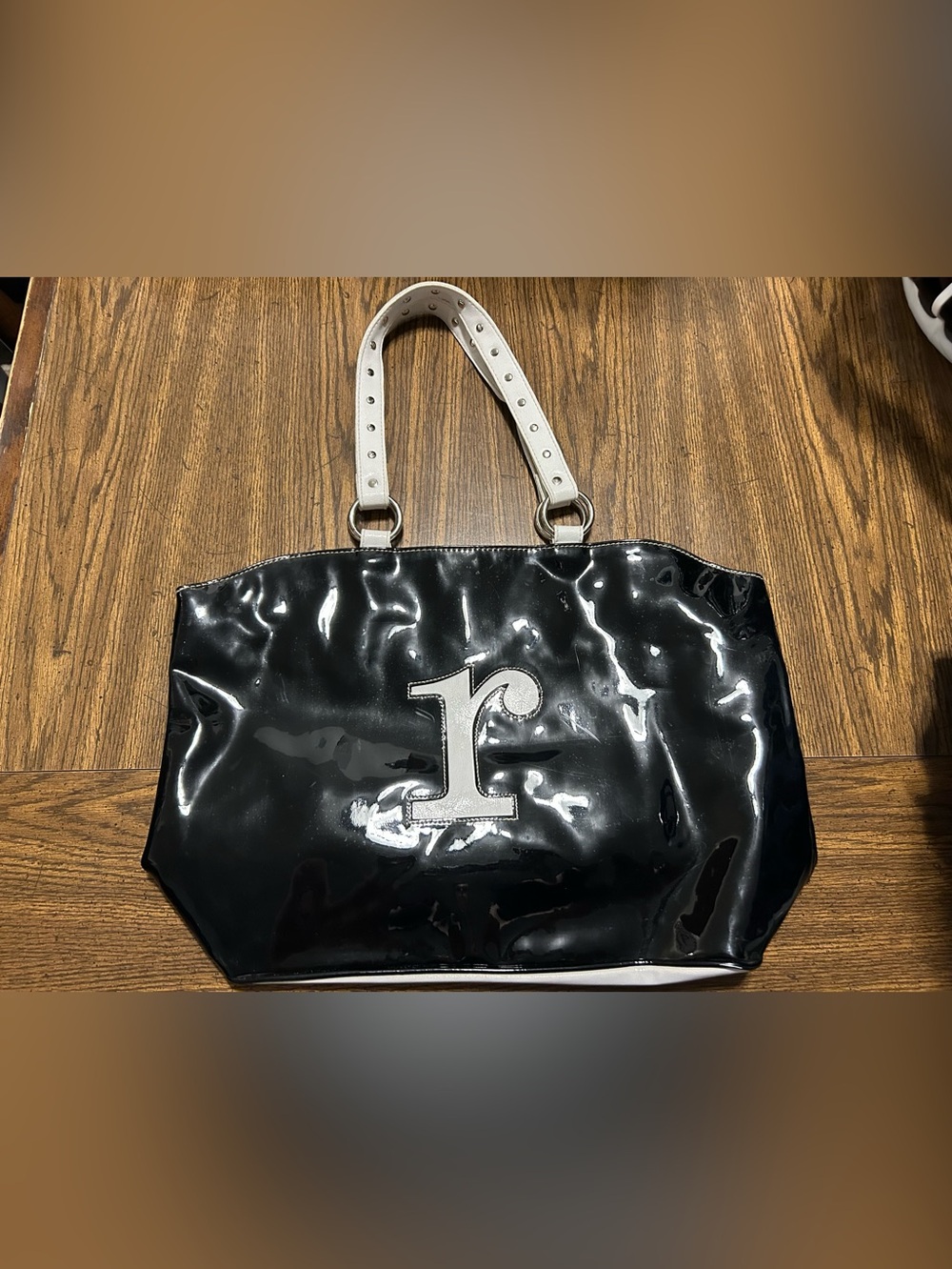 Letter R Monogram Black Tote with White Trim